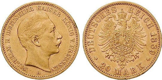 ドイツ プロイセン 1889年 ヴィルヘルム2世 20マルク 金貨 美品 | アンティークコインギャラリア