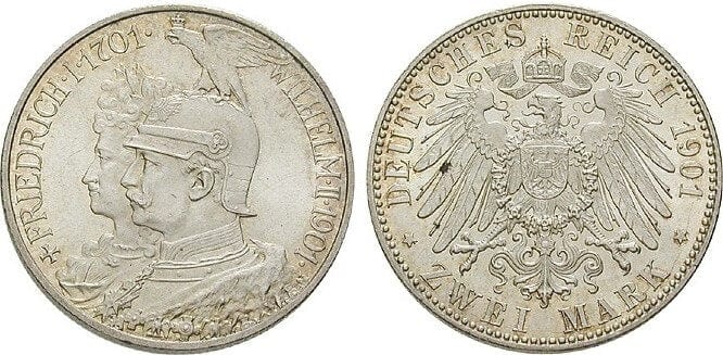 ドイツ プロイセン王国 ヴィルヘルム2世 1901年 2マルク 銀貨 UNC