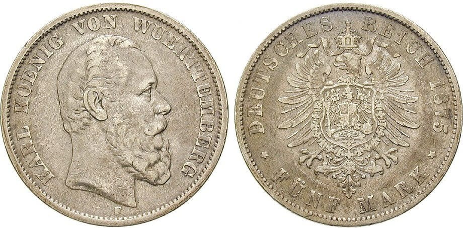 kosuke_dev ドイツ カール・ヴュルテンベルク 1875年 5マルク 銀貨 美品