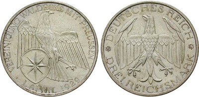 kosuke_dev ワイマール共和国 ヴァルデック 1929年 3ライヒスマルク 銀貨 未使用