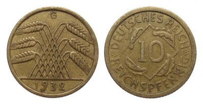 ワイマール共和国 10ペニヒ 1932年G 美品