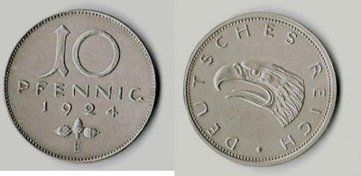 kosuke_dev ワイマール共和国 10ペニヒ 1924年E 銀 サンプル硬貨 極美品