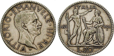 イタリア ヴィットーリオ・エマヌエーレ3世 1928年 20リラ 銀貨 美品+