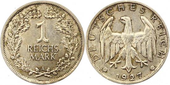 kosuke_dev ワイマール共和国 1927年 1マルク 銀貨 極美品+