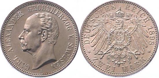 kosuke_dev ワイマール共和国 1898年 カール·アレクサンダー 2マルク 銀貨 極美品+