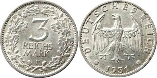 kosuke_dev ワイマール共和国 1931年F 3マルク 銀貨 未使用-極美品