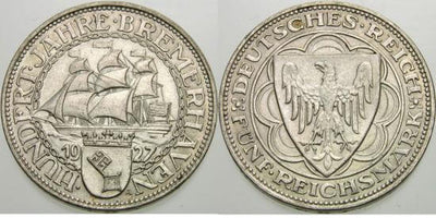 kosuke_dev ワイマール共和国 1926年A ブレーマーハーフェン 5マルク 銀貨 極美品