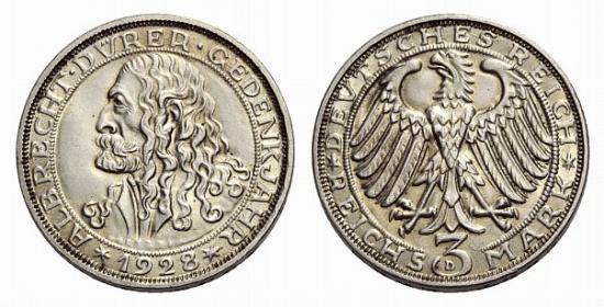 kosuke_dev ワイマール共和国 1928年D アルブレヒト・デューラー 3マルク 銀貨 未使用