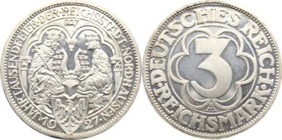 1927年ドイツ ワイマール共和国 ノルトハウゼン市1000年記念3マルク銀貨-