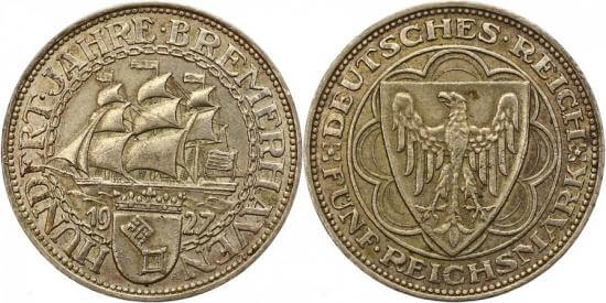 kosuke_dev ワイマール共和国 1927年A ブレーマーハーフェン 5マルク 銀貨 極美品