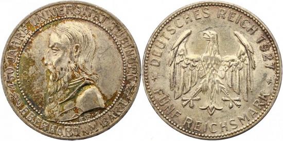 kosuke_dev ワイマール共和国 1927年 チュービンゲン大学450周年 5マルク 銀貨 極美品