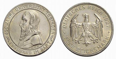kosuke_dev ワイマール共和国 1927年F チュービンゲン大学450周年 5マルク 銀貨 極美品+