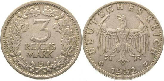 ワイマール共和国 1932年D 3マルク 銀貨 極美品