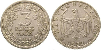 kosuke_dev ワイマール共和国 1932年D 3マルク 銀貨 極美品