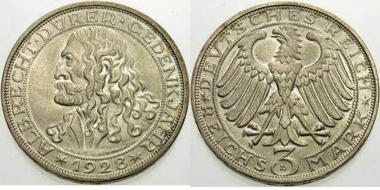 ワイマール共和国 1928年D アルブレヒト・デューラー 3マルク 銀貨 並品