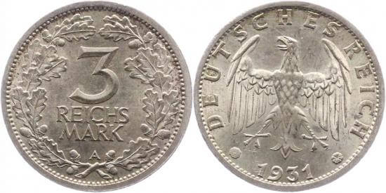 kosuke_dev ワイマール共和国 1931年A 3マルク 銀貨 未使用-極美品