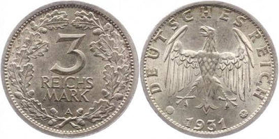 kosuke_dev ワイマール共和国 1931年A 3マルク 銀貨 未使用-極美品