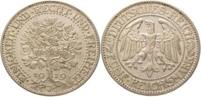 ワイマール共和国 1929年J 5マルク 銀貨 極美品+