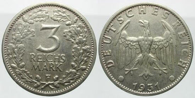 kosuke_dev ワイマール共和国 1931年F 3マルク 銀貨 美品+