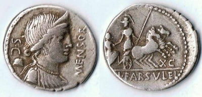 kosuke_dev ローマ帝国 L. Farsuleius メンソル 紀元前75年 デナリウス貨 美品