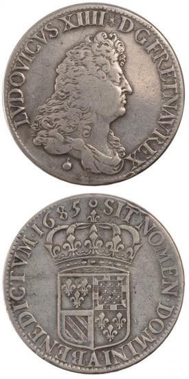 kosuke_dev 中世フランス ブルボン朝 ルイ14世 中年像 AD1643-1715年 1685年 フランダース エキュ銀貨 美品+