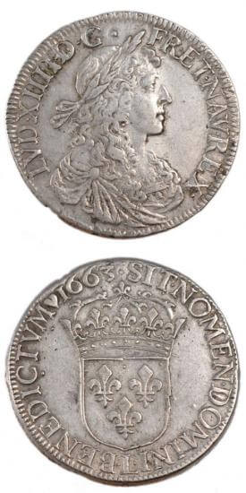 kosuke_dev 中世フランス ブルボン朝 ルイ14世 AD1643-1715年 1663年 エキュ銀貨 美品+