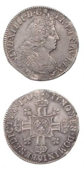 kosuke_dev 中世フランス ブルボン朝 ルイ14世 AD1643-1715年 1704年 1/4エキュ銀貨 美品+