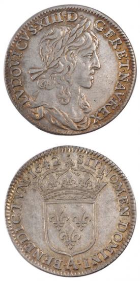 中世フランス ブルボン朝 ルイ13世 AD1610-1643年 1642年 1/4エキュ銀貨 美品
