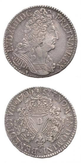 kosuke_dev 中世フランス ブルボン朝 ルイ14世 AD1643-1715年 1709年 1/2エキュ銀貨 美品