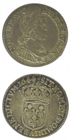 中世フランス ブルボン朝 ルイ14世 幼年像 AD1643-1715年 1644年 1/4エキュ銀貨 美品+