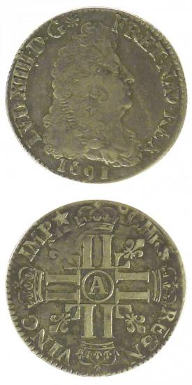 kosuke_dev 中世フランス ブルボン朝 ルイ14世 AD1643-1715年 1691年 1/4エキュ銀貨 美品