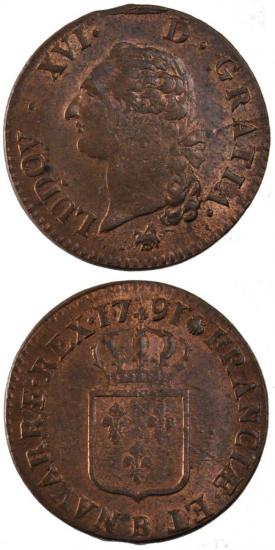 kosuke_dev 中世フランス ブルボン朝 ルイ16世 AD1774-1792年 1791年 ソル 銅貨 準未使用+
