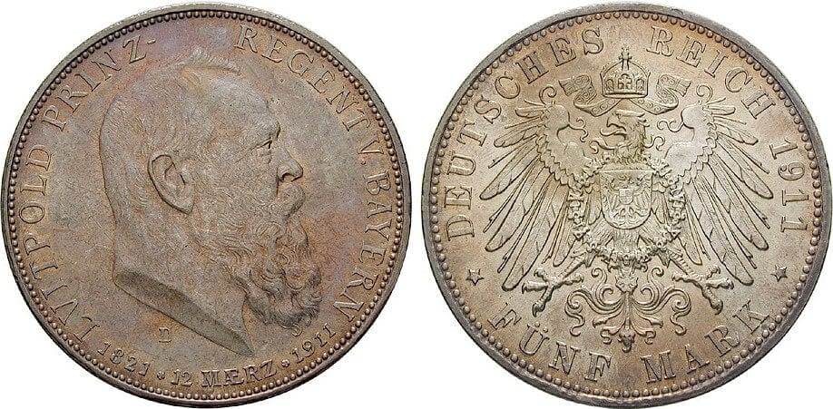 バイエルン王国 ルイトポルト・フォン・バイエルン 1911年 5マルク 銀貨 極美品