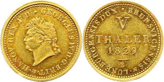 kosuke_dev ハノーバー 1829年B ブラウンシュヴァイク=カレンベルク ゲオルグ4世 5ターレル金貨 極美品