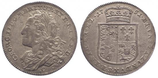 ハノーバー 1751年C ブラウンシュヴァイク=カレンベルク ゲオルグ2世 ターレル銀貨 極美品-美品