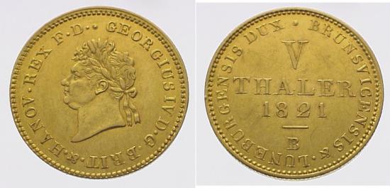 ハノーバー 1821年B ブラウンシュヴァイク=カレンベルク ゲオルグ4世 5ターレル金貨 美品