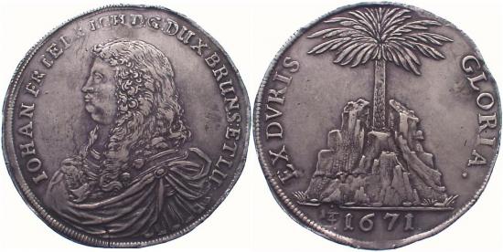 ハノーバー 1671年 ブラウンシュヴァイク=カレンベルク ヨハン&#183;フリードリヒ 1/4ターレル銀貨 美品+