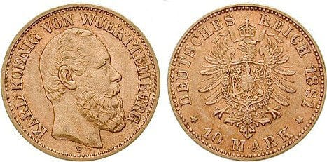 ヴュルテンベルク王国 カール1世 1881年 10マルク 金貨 美品+