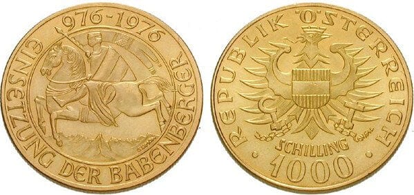 オーストリア バーベンベルク家 1976年 1000シリング 金貨 未使用 