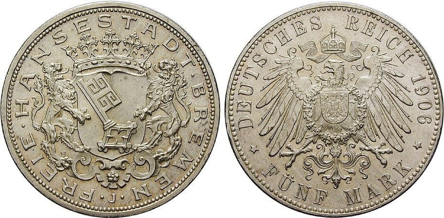 直売特価ドイツ帝国 ブレーメン 5マルク 銀貨 1906年 自由都市 1906J NGC MS62 その他