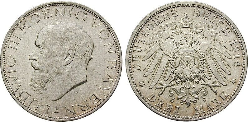 並品』ドイツ・バイエルン王国3マルク銀貨(1908年)コイン - 旧貨幣