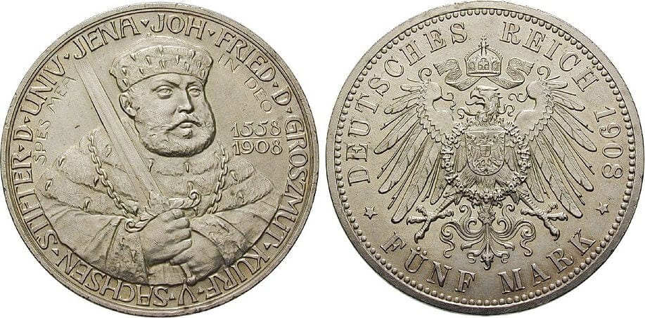 ドイツ ザクセン＝ヴァイマル＝アイゼナハ大公国 ヴィルヘルム・エルンスト 1908年 5マルク 銀貨 極美品