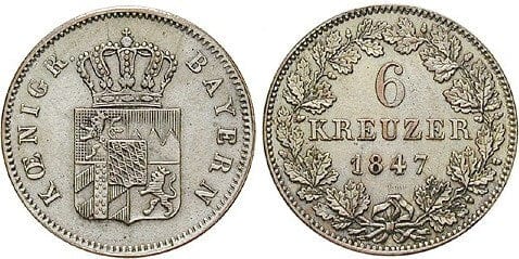 kosuke_dev バイエルン王国 ルートヴィヒ1世 1847年 6クロイツァー 銀貨 準未使用