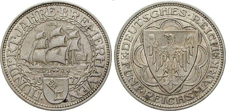 ドイツ ブレーマーハーフェン 1927年 5ライヒスマルク 銀貨 極美品