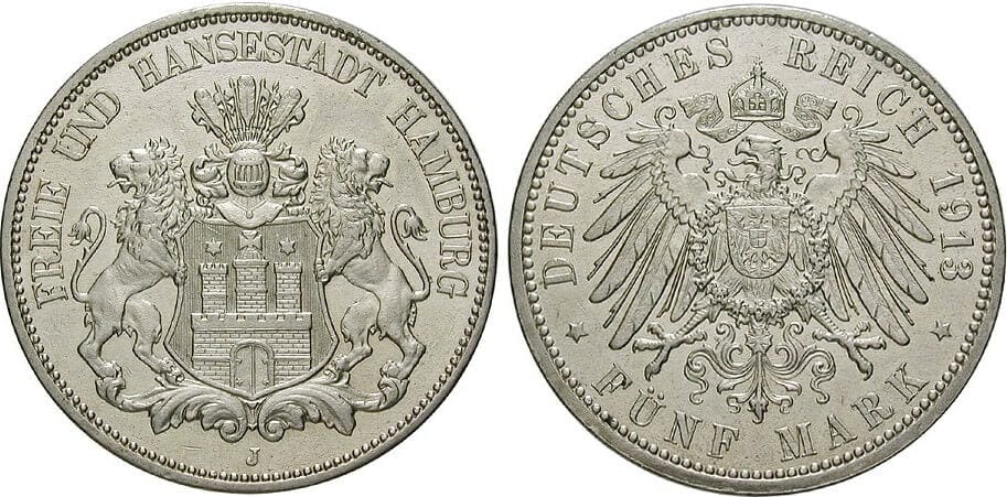 kosuke_dev ドイツ ハンブルグ 1913年 5マルク 銀貨 極美品