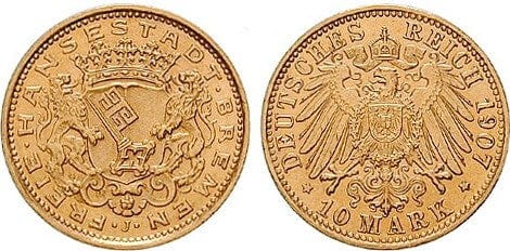 kosuke_dev ドイツ ブレーメン 1907年 10マルク 金貨 MS65-70