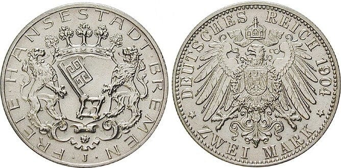 kosuke_dev ドイツ ブレーメン 1904年 2マルク 銀貨 未使用