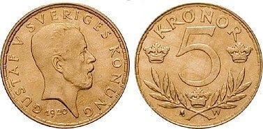 kosuke_dev スウェーデン グスタフ5世 1920年 5クローナ 金貨 未使用