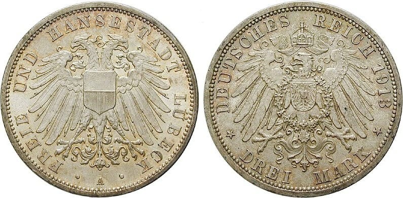 ドイツ リューベック 1913年 3マルク 銀貨 未使用 | アンティーク