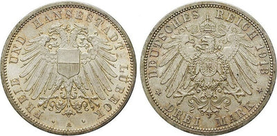 kosuke_dev ドイツ リューベック 1913年 3マルク 銀貨 未使用